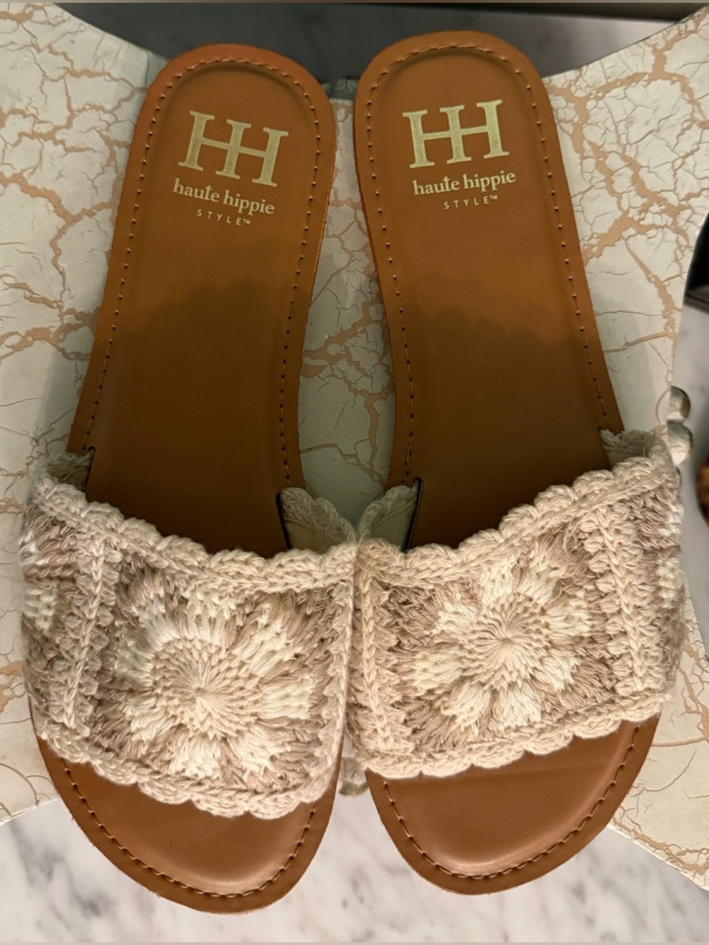 Haute Hippie Cream Crochet Slide Sandals with Tan Footbed